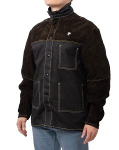 a man wearing a leather welding jacket