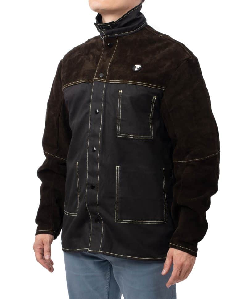 a man wearing a leather welding jacket